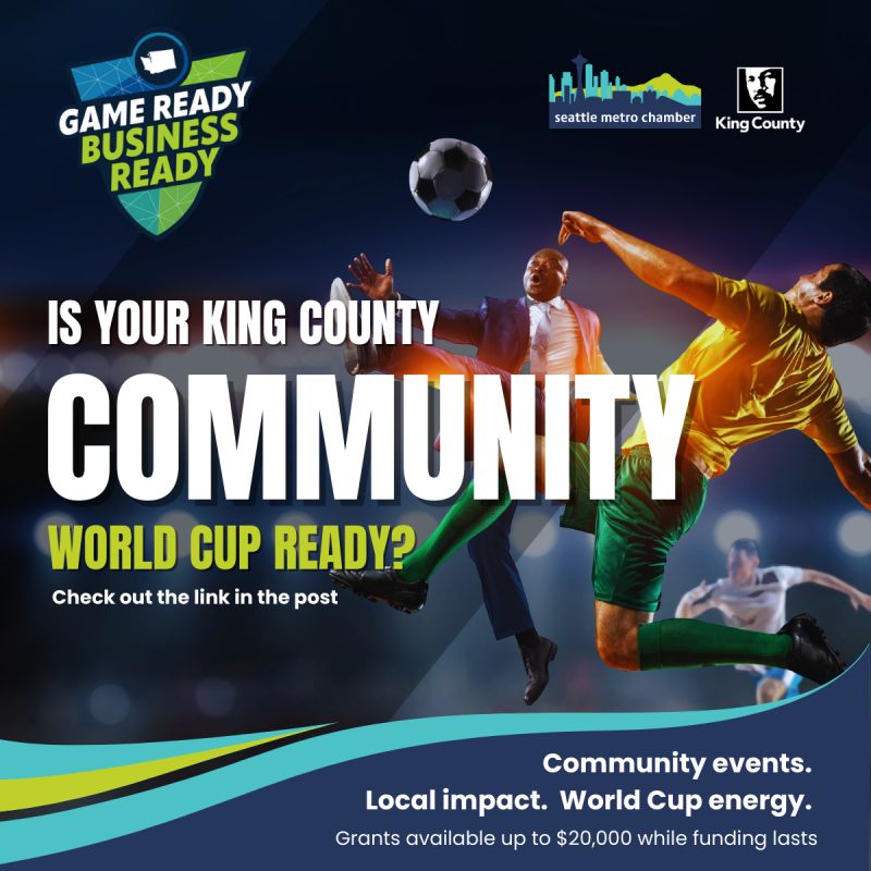 graphic with men kicking a soccer ball and text of game ready business ready