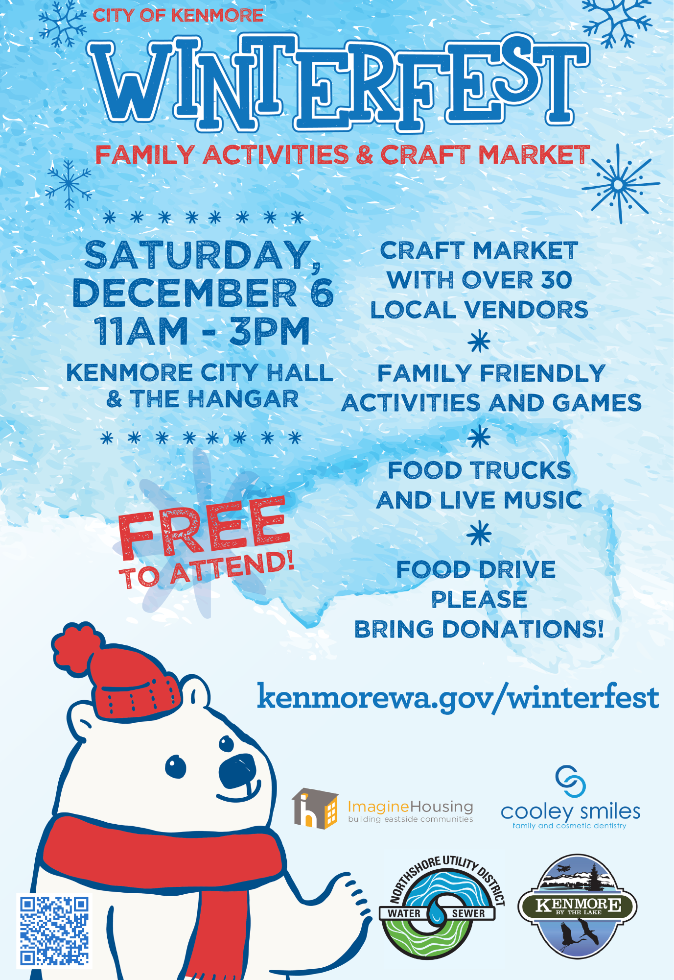 A poster outlining the activities(including a craft market, food truck, and live music) for Winterfest beginning on Saturday, December 3rd from 11AM to 3PM.